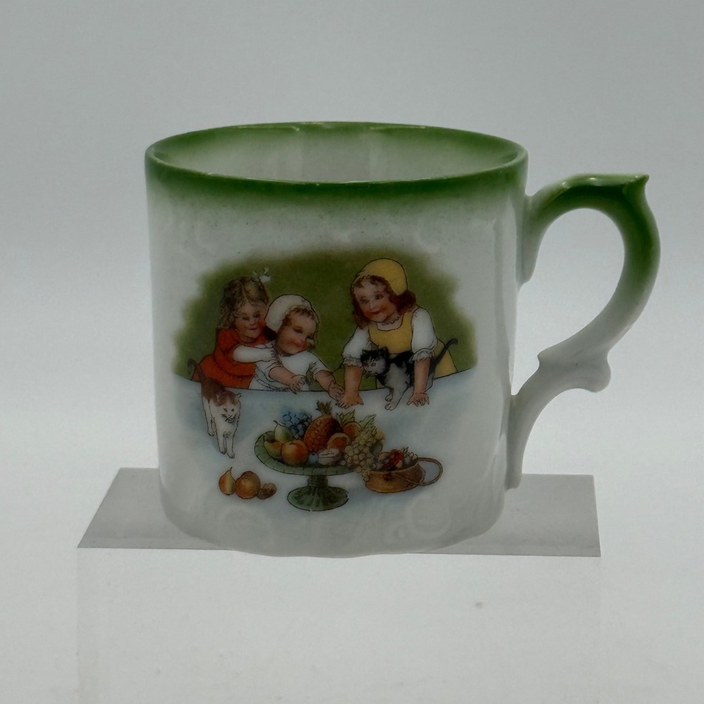 Vintage Germany Porcelain Child Mug Children Cats Fruit Green Rim 280 Antique
